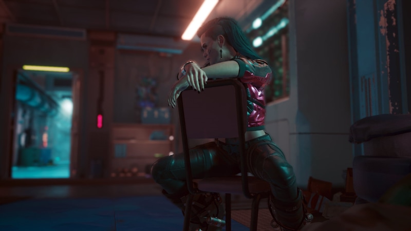 sitting, Rogue (character), 1080P, blue hair, Cyberpunk 2077, leather pants, chair