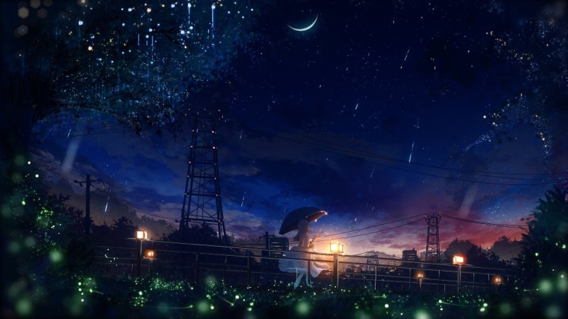 new moon, under the umbrella, girl, wire, summer night, starry sky, fireflies, Starfall, walk, 1080P, Power lines, lights
