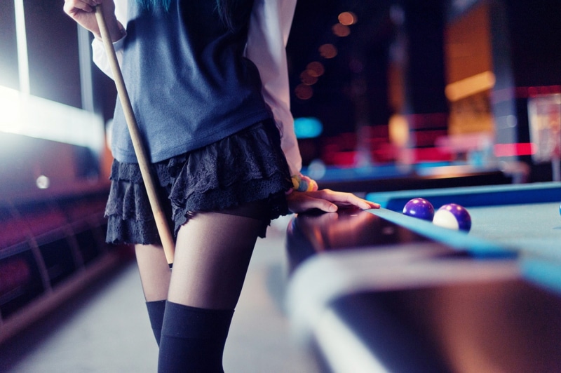 midsection, ball, 1080P, standing, women, billiards, holding, real people, leisure activity, skirt, pool cue, sport, pool hall, pool - cue sport, night