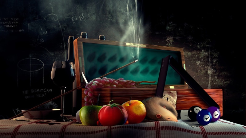 artwork, wine, billiard balls, vegetables, fruit, tomatoes, billiards, digital art, grapes, 1080P