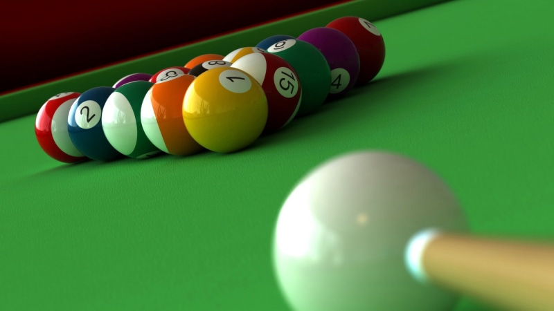 pool ball, sports equipment, pool - cue sport, number, pool table, table, sphere, pool cue, green color, nightlife, relaxation, leisure games, cue, close-up