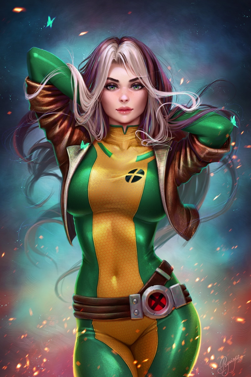fire, tight clothing, superheroines, frontal view, Prywinko, drawing, jacket, vertical, brown jacket, digital art, 5K, freckles, women, green eyes, smiling