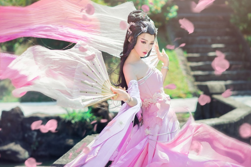 Asian, nature, face, street, makeup, look, outfit, cosplay, fabric, beauty, decoration, fan, brunette, ladder, stage, hands, costume, light, image, graceful