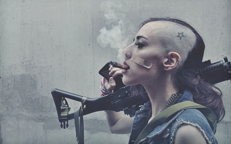 leisure activity, 2K, lifestyles, rifle, wall - building feature, Band-Aid, war, holding, portrait, side shave, Tank Girl, black, real people, Sig SG 552
