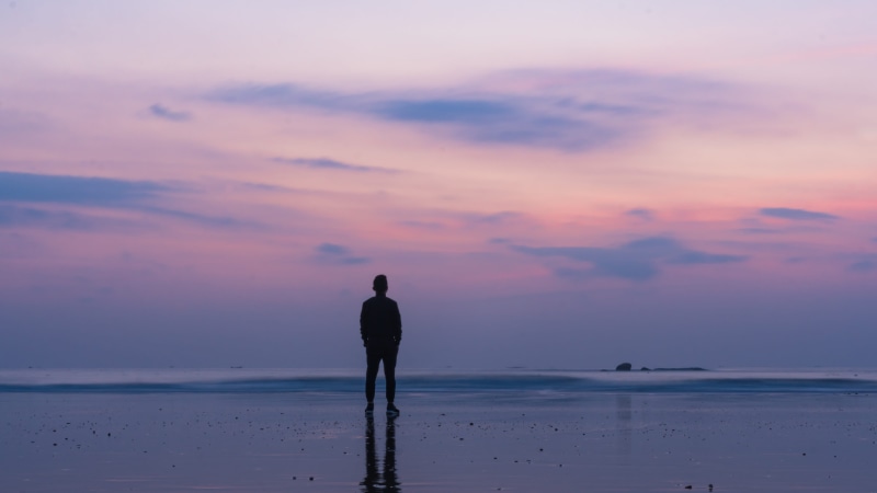 sunrise, one person, looking out, dusk, tranquil scene, land, horizon over water, coast, scenics - nature, sunset, man, sundown, ocean, cloud - sky, seaside