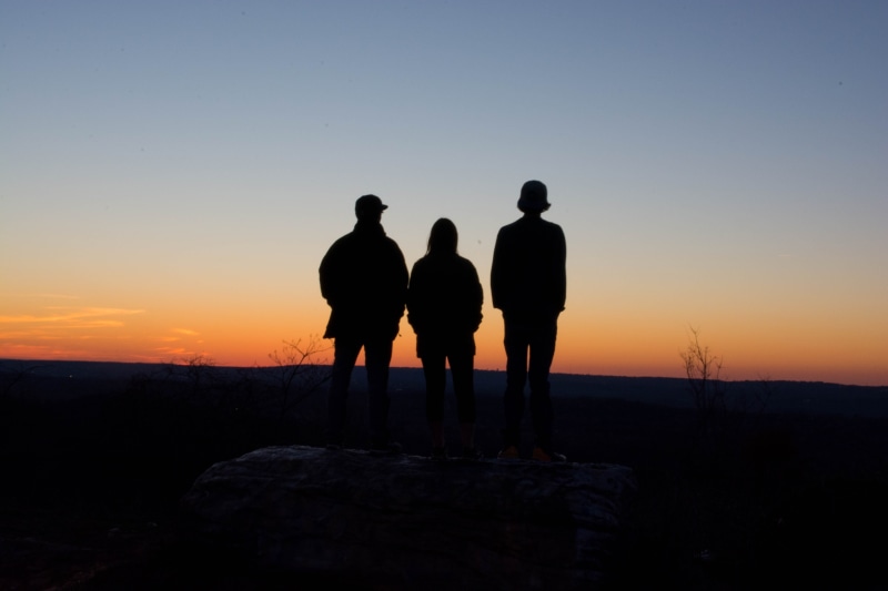 united states, friends, lookout, copy space, sunset, three, mountain, sky, standing, hill, outdoors, 5K, tranquility, scenics - nature, nature, lifestyles