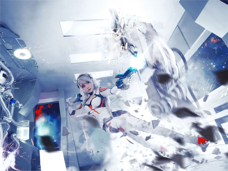 young women, cosplay, front view, standing, arms raised, adult, indoors, 720P, digital composite, young adult, Guns Girl - School Day Z, event, low angle view