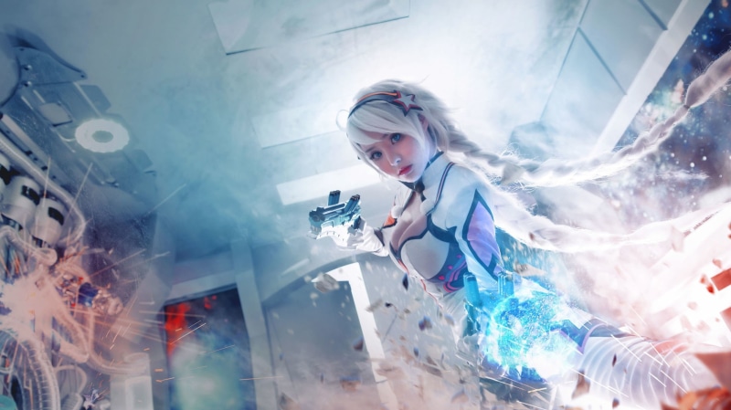 bololi, cleavage, futuristic, effects, Gunz, 1080P, blue eyes, Asian, silver hair, cosplay, Kiana Kaslana, women