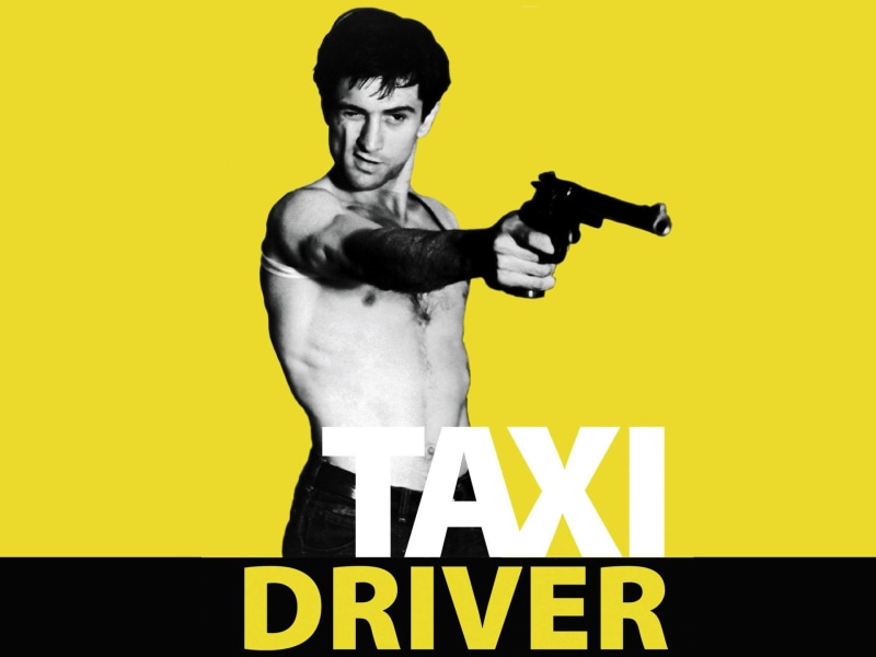 colored background, Gun, studio shot, three quarter length, Taxi Driver, security, sign, aiming, 1080P, young men, Man, handgun, yellow, Movie, yellow background