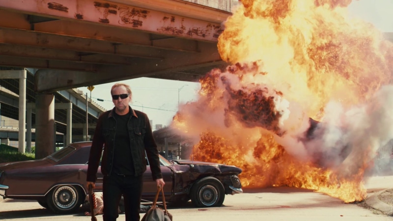 accidents and disasters, nature, heat - temperature, men, fire hose, motor vehicle, transportation, Drive Angry, Explosion, adult, standing, burning, front view