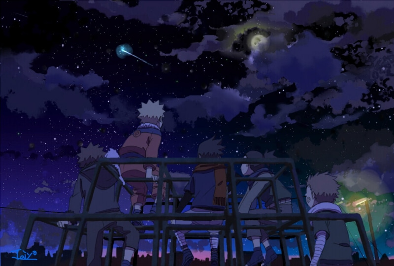illuminated, Akamaru (Naruto), Anime, star, building, space, architecture, night, no people, sky, dusk, star - space, cloud - sky, 1080P, railing, Naruto Uzumaki