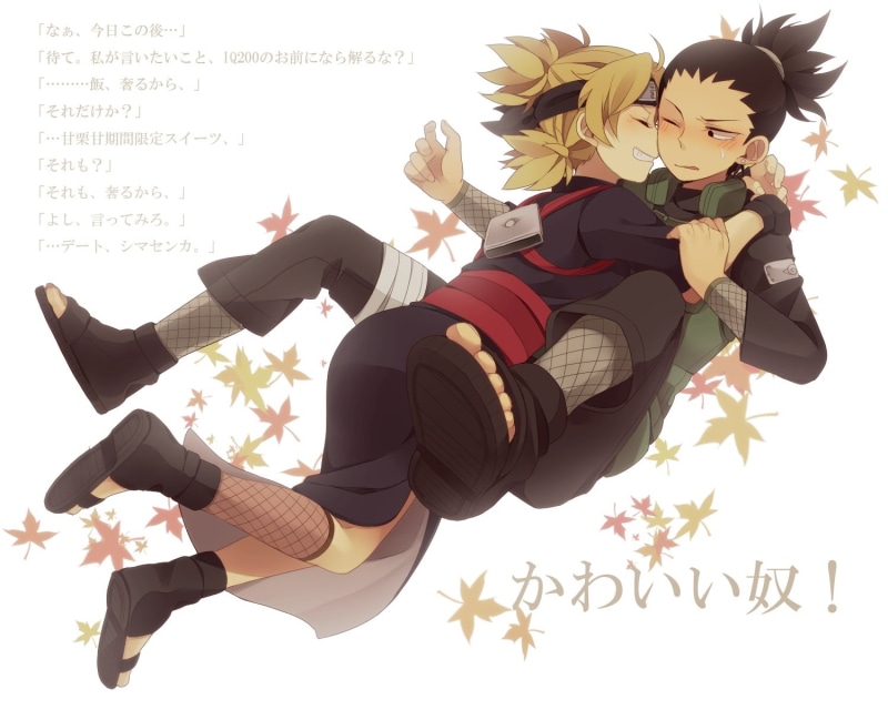 naruto, shippuden, wink, nara, black, temari, hair, hug, kneehighs, anna, headband, shikamaru, 720P, saku, leaves, blush, blonde, ponytail