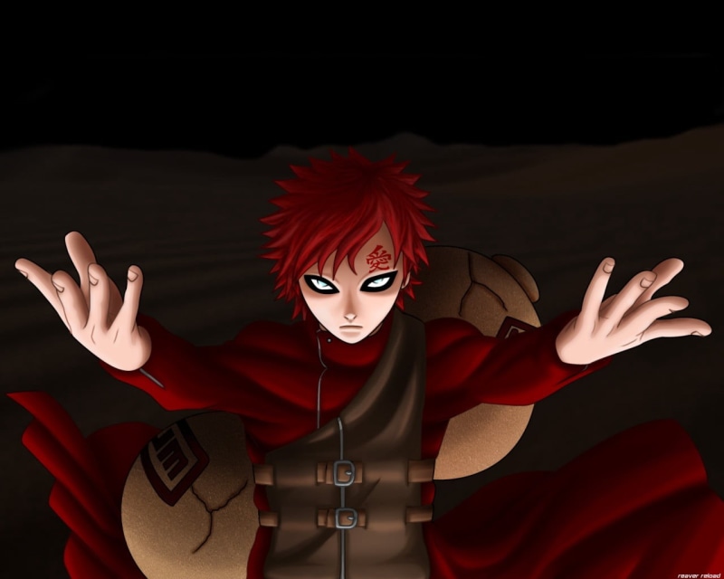 gaara, waist up, mask - Disguise, females, fear, dyed red hair, superhero, look, dark, horror, black background, naruto, computer Graphic, gesturing