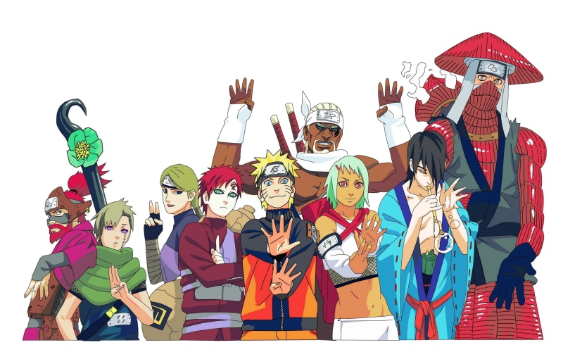 cultures, cheerful, day, illustration, naruto shippuden, naruto, clothing, uchiha sasuke, happiness, togetherness, men, sky, gaara, women, lifestyles, group of people