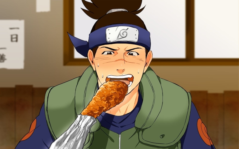 food, real people, eating, disguise, fun, mask - disguise, waist up, one person, holding, 1080P, indoors, mask, humor, Naruto, males, Iruka Umino, Anime