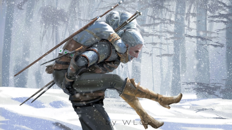The Witcher, Winter, 4K, The game, Witcher, Game, Cirilla, WLOP, Geralt, Artist, Sword, CRIS, Figure, Ciri, The Witcher 3: Wild Hunt, Snow, Art