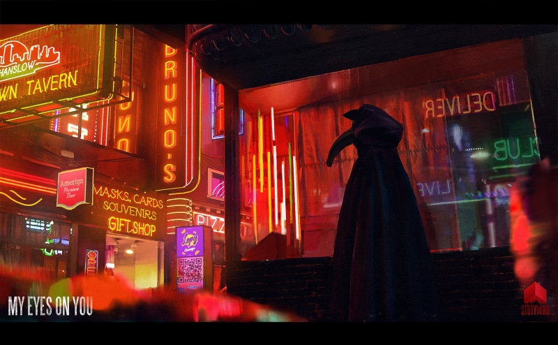 plague doctors, clothing, adult, noir, My Eyes On You, men, standing, nightlife, Tony Skeor, text, communication, fantasy art, digital art, outdoors, 720P
