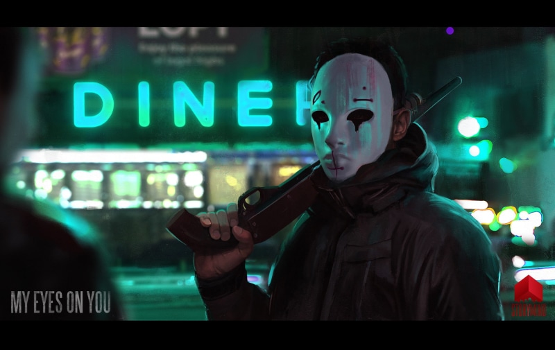 artwork, one person, sign, communication, 1080P, neon, representation, gun, focus on foreground, arts culture and entertainment, waist up, Tony Skeor