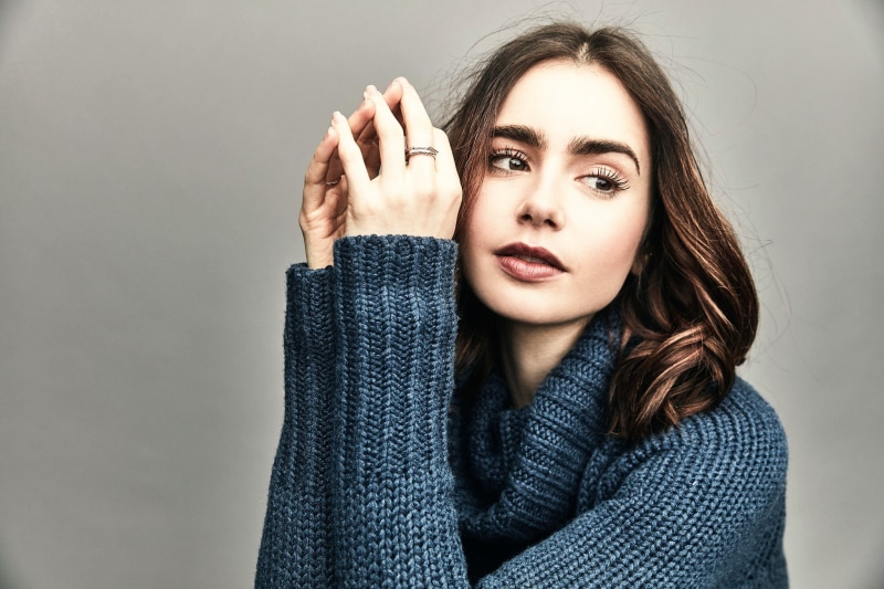 sweater, Lily Collins, eyebrows, pullover, brunette, long eyelashes, women, 1080P