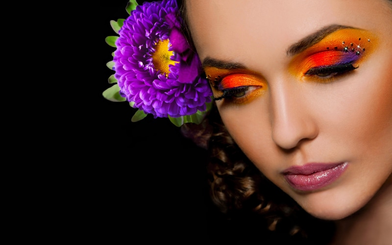 studio shot, glamour, 8K, young women, young adult, flowers, portrait, eyeshadow, face, fashion, headshot, flowering plant, lipstick, brunette, make-up