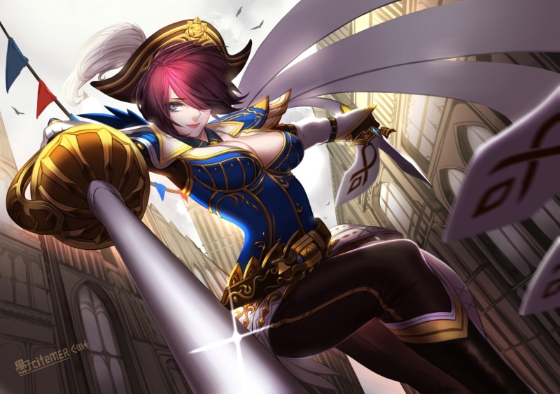 low angle view, Fiora (League of Legends), 720P, sculpture, architecture, built structure, creativity, illuminated, day, ceiling, amusement park, indoors