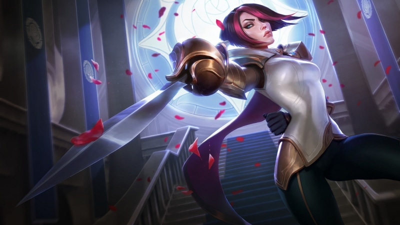 splash screen, fiora, red, splash, games, white, league, gold, wearing, hair, sword, laurent, cartoon, black, legends, screen, 1080P, fiora laurent, 1920x1080