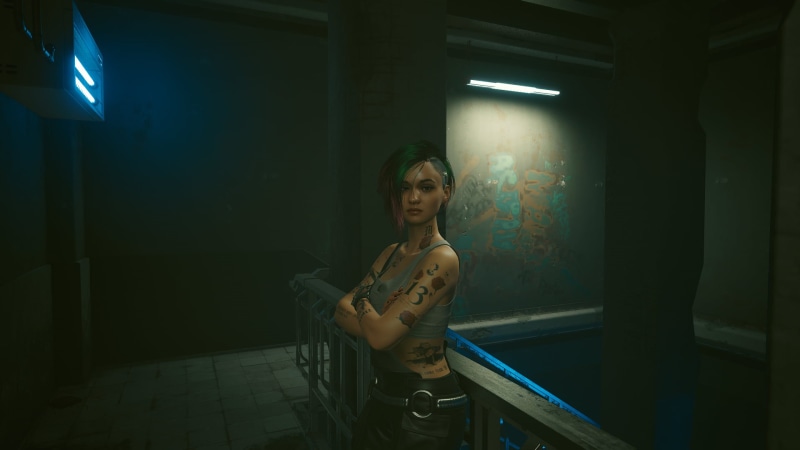 cyberpunk, screen shot, dyed hair, Judy Alvarez, video games, 1080P, tattoo, Cyberpunk 2077