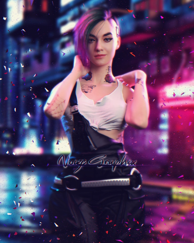 short hair, lights, cyberpunk, tattoo, fan art, pink hair, women, Jordi Djojosemito, frontal view, looking at viewer, side shave, Cyberpunk 2077, smiling