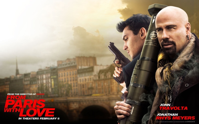 1080P, love, poster, Jonathan Rhys Meyers, bazooka, John Travolta, paris, From Paris with Love, gun