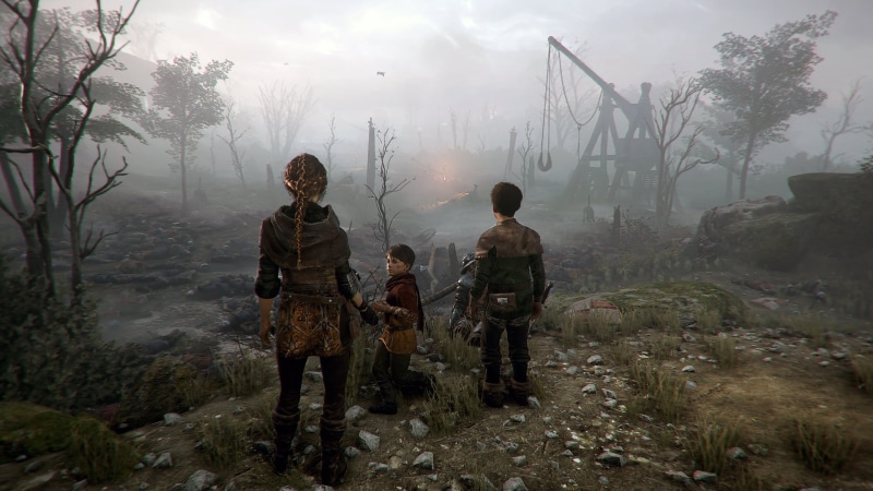 children, video game art, screen shot, War Machine, Asobo Studio, trebuchet, video game characters, death, holding hands, A Plague Tale Innocence, 1080P