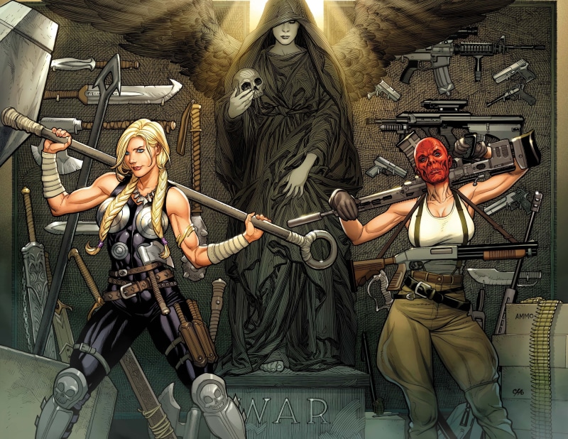 Marvel, 2K, Frank Cho, Shotgun, Braids, Red Skull, Wings, Sake, Machines, Arsenal, Marvel Comics, Guns, Death, Girls, Swords, Pigtails, Gun, Weapons, Art