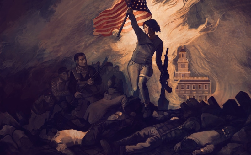 5K, people, flag, Homefront: The Revolution, machine, fire, revolution, death, war, art
