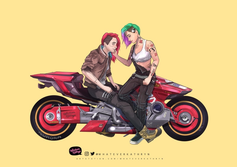 Judy Alvarez, ArtStation, tattoo sleeve, digital art, motorcycle, Female V, tattoo, video game girls, fan art, artwork, Cyberpunk 2077, digital painting