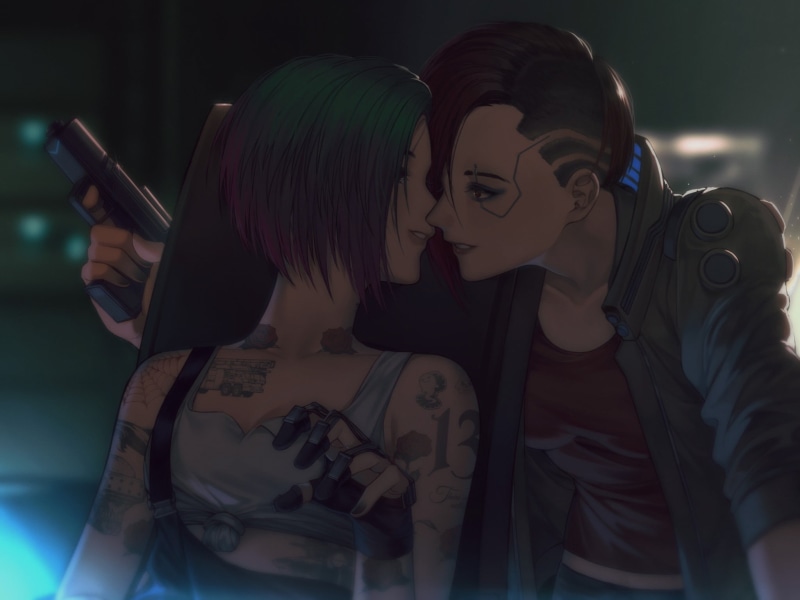 tattoo, video game art, Yorukun, 1080P, Cyberpunk 2077, girls with guns, cyberpunk, Judy Alvarez, Handgun, drawing, Female V, video game characters, digital art