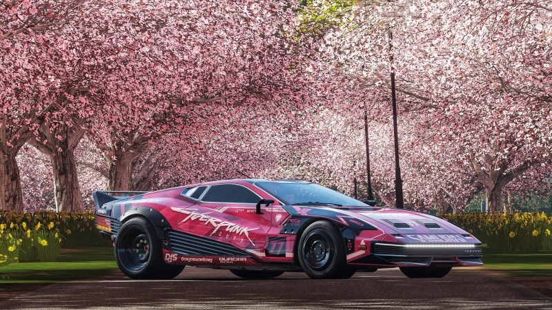 Quadra Turbo-R V-Tech, trees, Cyberpunk 2077, Forza Horizon 4, Forza, 4K, car, vehicle, cherry blossom, cyberpunk, Quadra