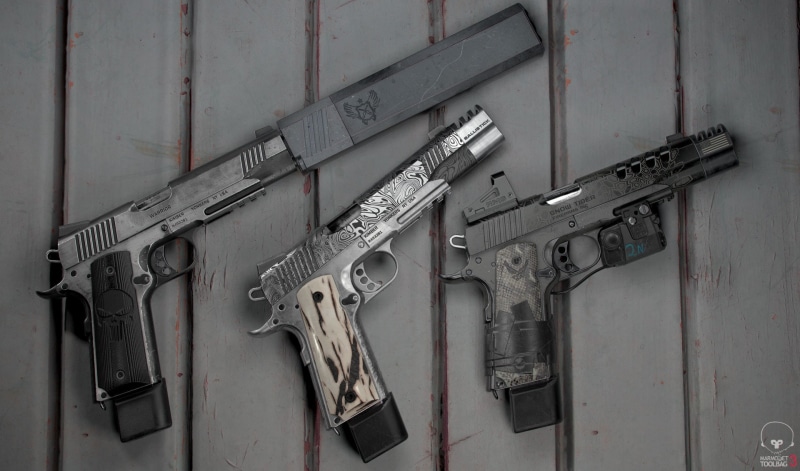 muffler, M1911, custom, Kimber, gun, 3D render, M1911 pistol, weapons, laser sight, engraving, 3D Wren, weapon, silencer, 1080P