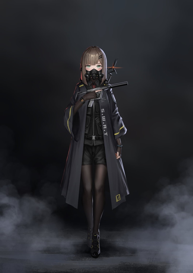 digital art, portrait display, anime, brunette, SWAT, weapon, gun, brown eyes, black background, short hair, original characters, vertical, 720P, girls with guns