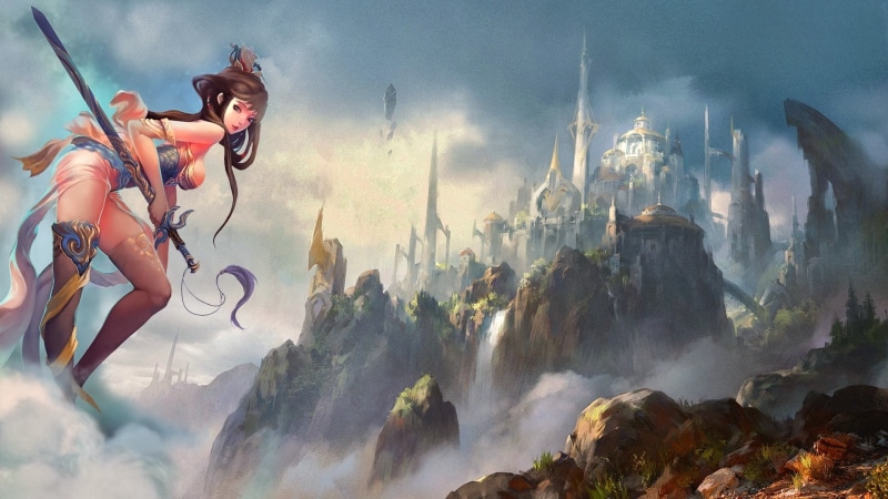 xianxia, animated, 1080P, solid, nature, beauty in nature, outdoors, people, girl, rock, motion, painting, adult, scenics - nature, cloud - sky, digital composite