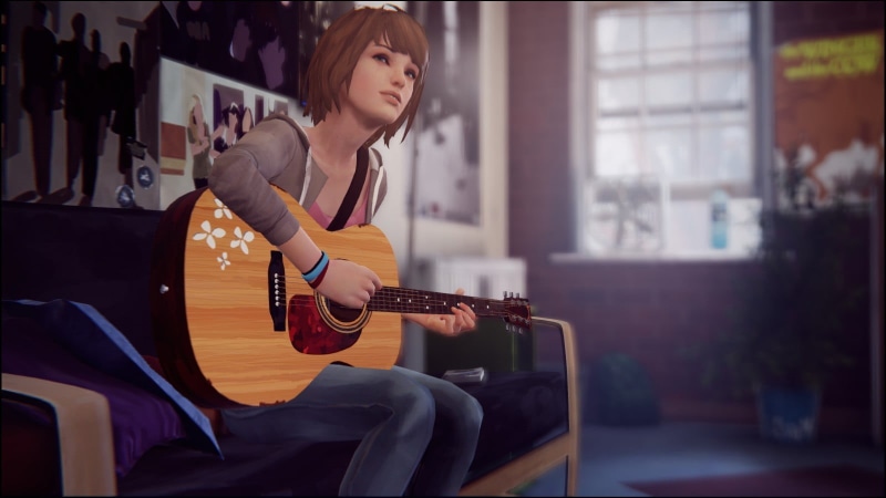 musical instrument, one person, musician, three quarter length, guitar, playing, polo, sitting, Square Enix, lifestyles, video games, music, real people