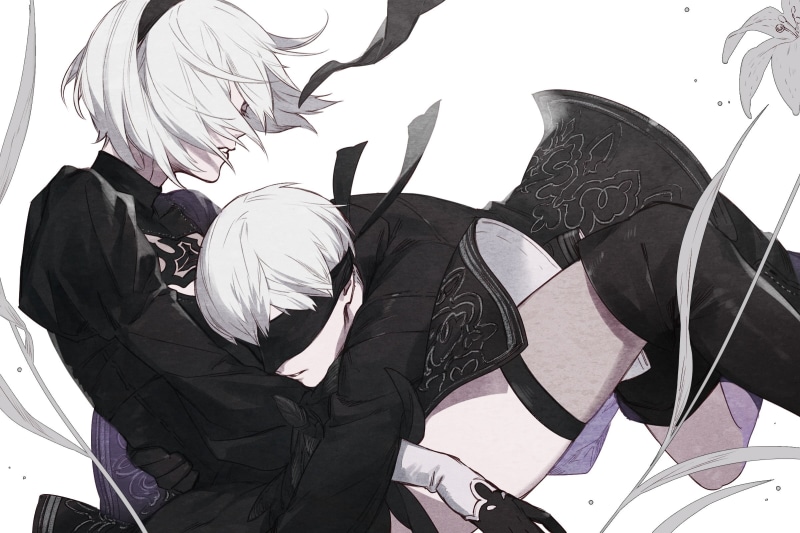 nier automata, Nier: Automata, eye patch, 1080P, yorha unit no. 2 type b, black suit, yorha unit no. 9 type s, gloves, hugs, stockings, a pair of lovers