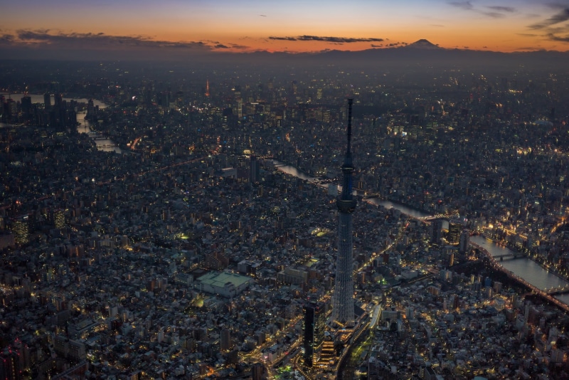 built structure, sunset, cloud - sky, crowd, Sumida River, aerial view, city life, office building exterior, building exterior, cn, cityscape, city, Tokyo Skytree