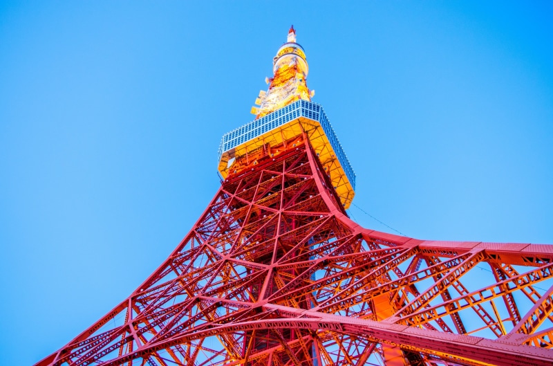 metal, worms eye view, city, history, blue, travel, Tokyo Tower, tower, outdoors, no people, Japan, red, travel destinations, nature, architecture, day