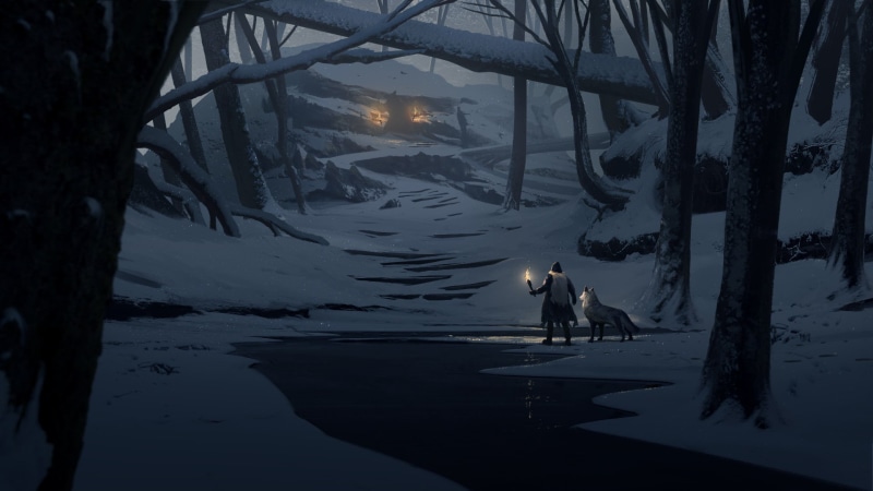 adventurers, environment, snow, wolf, lights, forest, torches, 1080P