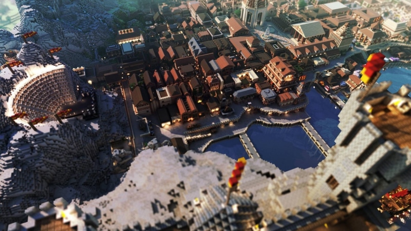 winter, Video Game, city, outdoors, architecture, built structure, Building, crowd, 1080P, crowded, Mojang, snow, high angle view, Village, building exterior