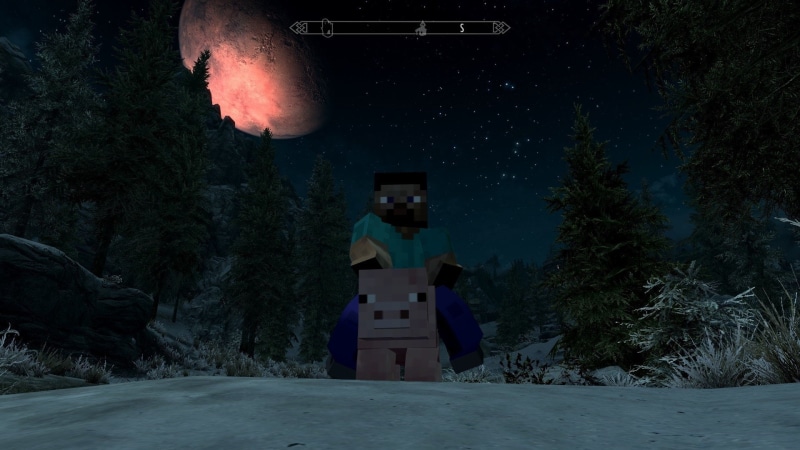 Mojang, Moon, Pig, 1080P, Minecraft, Night, Steve (Minecraft), Video Game