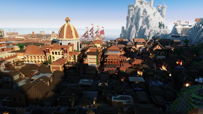 crowded, city, office building exterior, Mojang, Mountain, religion, belief, place of worship, cityscape, travel destinations, built structure, sky, Video Game
