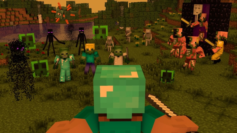 human representation, built structure, Ghost, Mojang, Battle, Minecraft, toy, city, green Color, nature, EnderMan, tree, Steve (Minecraft), grass, outdoors
