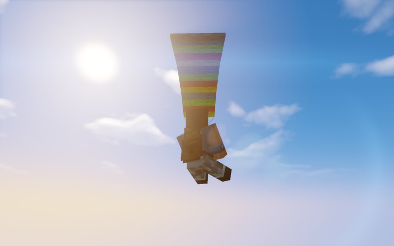 low angle view, Skydiving, sunny, multi colored, Steve (Minecraft), Mojang, mid-air, air vehicle, Video Game, sky, outdoors, sunbeam, flying, sunlight