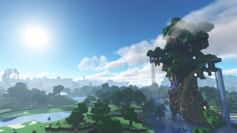Mojang, built structure, landscape, nature, Tree, plant, Sky, building exterior, day, city, 1080P, digital, cloud - sky, Forest, arts culture and entertainment