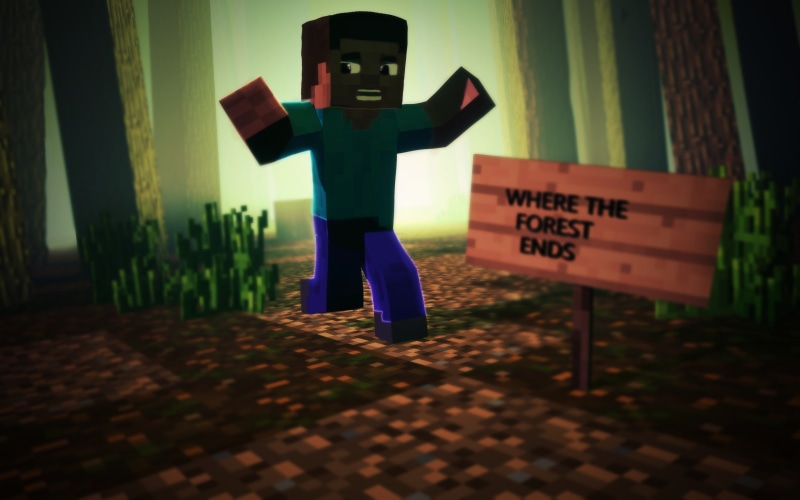 outdoors, nature, standing, day, male likeness, real people, forest, Minecraft, human representation, Steve, focus on foreground, one person, text, front view